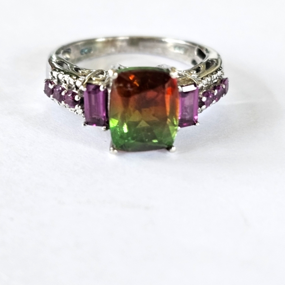 Genuine Watermelon Quartz & Rhodolite Garnet Ring Platinum/925 Sz 8! - Picture 3 of 14